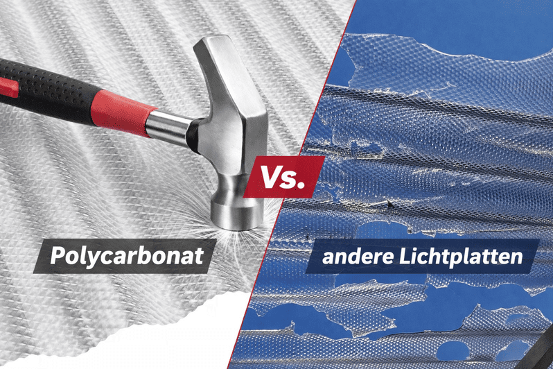 Vergleich zwischen robuster Polycarbonatplatte mit Hagel-/Stoßtest und beschädigter Standardplatte – visualisiert die hohe Schlagfestigkeit von Polycarbonat.