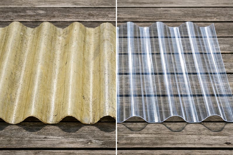Vergleich zwischen vergilbter, rissiger PVC-Platte und neuwertiger, klarer Polycarbonat-Platte – zeigt Qualitätsunterschiede durch Witterungseinflüsse und UV-Strahlung.