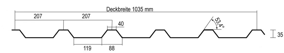 Stabile Lichtplatte TP35 - ähnlich 35/207 Querschnitt der Lichtplatte TP35 (35/207) mit einer Nutzbreite von 1035 mm