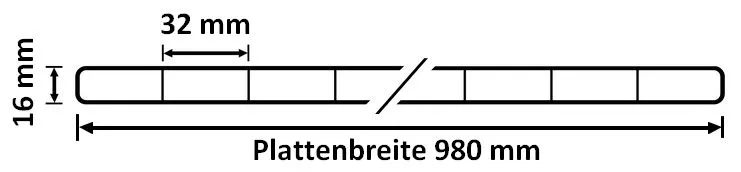 Querschnitt der Stegplatte Polycarbonat 16 mm mit Breitkammer - opal - Breite 980 mm