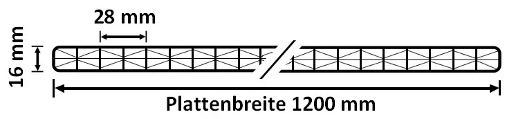 Querschnitt der Stegplatte Polycarbonat 16 mm mit Fachwerkstruktur - klar - Breite 1200 mm