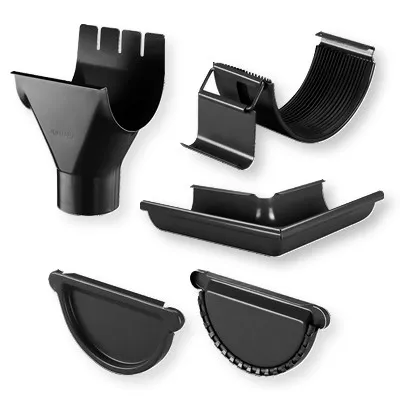 Zubehörteile für die Dachrinne. Unter anderem Rinnenablaufstutzen, Rinnenverbinder und weitere Artikel.