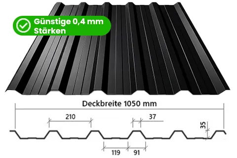 Trapezblech T35DR – Trapezblech mit 35 mm Profilhöhe und Tiefsickenprägung für größere Dachflächen & Landwirtschaft