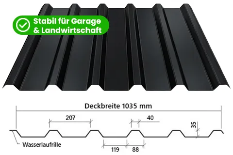 Trapezblech TP35 – stabiles Dachblech für Garage, Landwirtschaft & größere Dachflächen