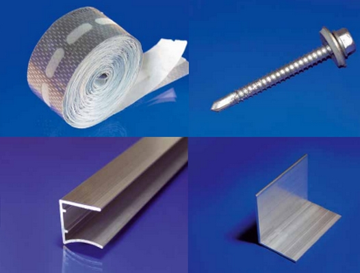 Verlegezubehör für Stegplatten, ALU-Schienen, Winkel, Schrauben und Klebebänder.