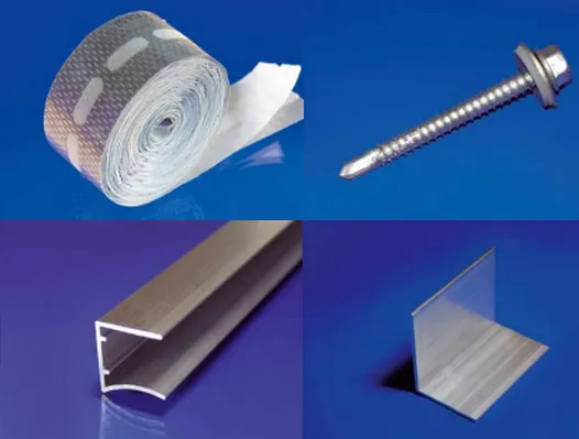 Verlegezubehör für Stegplatten, ALU-Schienen, Winkel, Schrauben und Klebebänder.