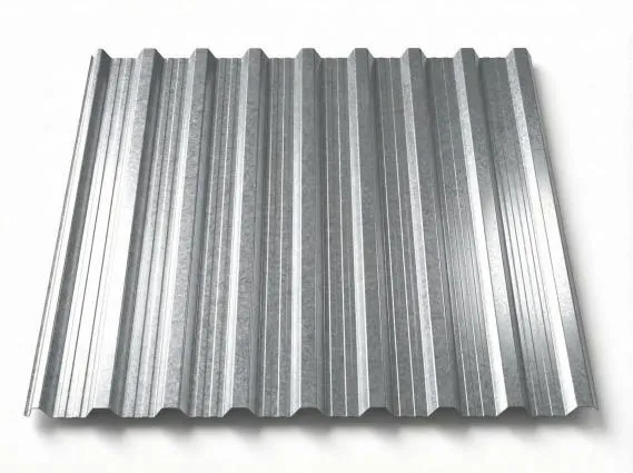 Freigestelltes Trapezblech T18DR in silbrig-metallischem Aluzink-Finish mit charakteristischer Doppelrippen-Profilierung, leichter Zinkblumen-Textur auf der Oberfläche, perspektivische Ansicht auf weißem Hintergrund