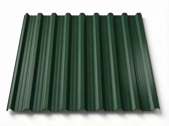 Preview: Freigestelltes Trapezblech T18DR in sattem Moosgrün, gleichmäßige matte Beschichtung mit sichtbarer Profiltiefe der Trapezrippen, perspektivische Produktansicht auf weißem Hintergrund