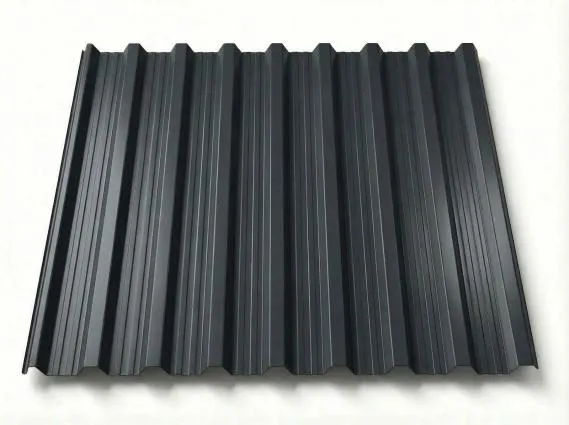 Preview: Freigestelltes Trapezblech T18DR in dunklem Anthrazitgrau, glatte matte Oberfläche mit klar ausgeprägten Trapezprofilen und feinen Längsrippen, perspektivische Ansicht auf weißem Hintergrund