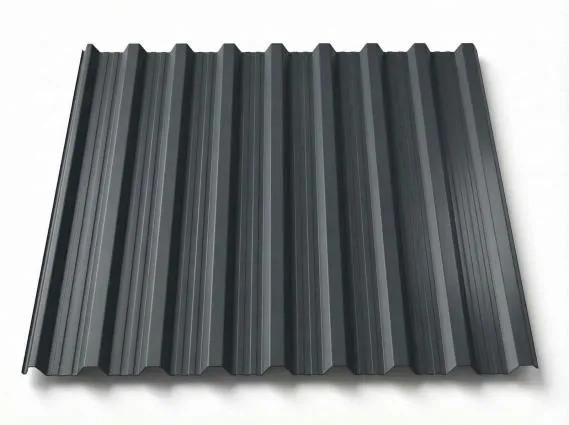 Preview: Freigestelltes Trapezblech T18DR in mitteltonigem Graphitgrau, leicht glänzende Oberfläche mit markant ausgeprägten Trapezrippen, perspektivische Produktansicht auf weißem Hintergrund