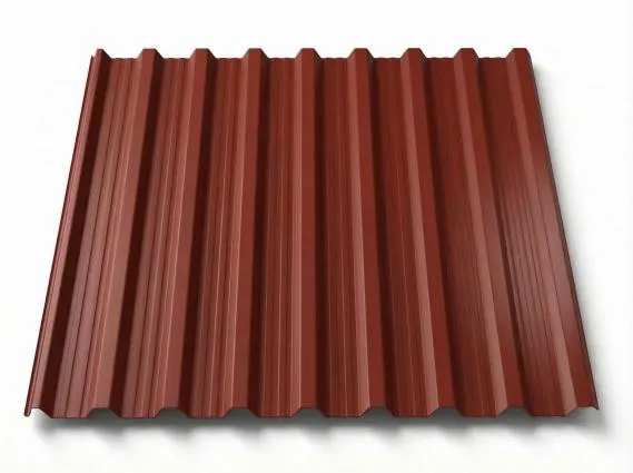 Preview: Freigestelltes Trapezblech T18DR in warmem Ziegelrot, gleichmäßig beschichtete Oberfläche mit regelmäßigem Trapezmuster, perspektivische Ansicht auf weißem Hintergrund