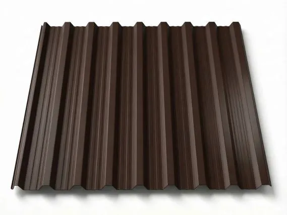 Preview: Freigestelltes Trapezblech T18DR in tiefem Schokoladenbraun, satte matte Beschichtung mit deutlich sichtbaren Trapezprofilen, perspektivische Produktansicht auf weißem Hintergrund