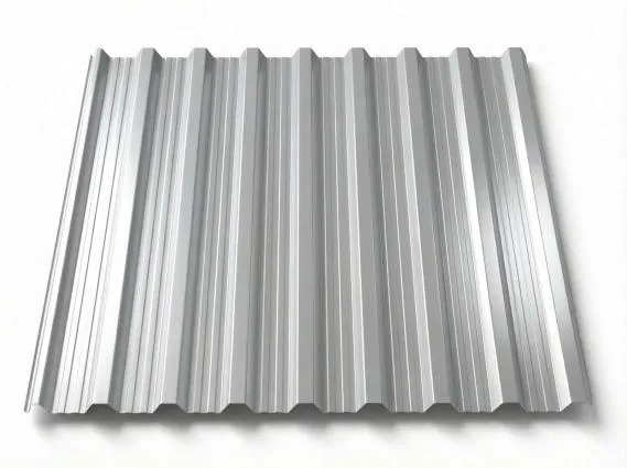 Preview: Freigestelltes Trapezblech T18DR in hellem Weißaluminium mit leichtem Silberglanz, glänzende Metallic-Oberfläche mit deutlichen Trapezprofilen und Längsrippen, perspektivische Ansicht auf weißem Hintergrund