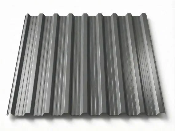 Preview: Freigestelltes Trapezblech T18DR in warmem Graualuminium mit dezentem Metallicschimmer, gleichmäßige Beschichtung mit ausgeprägten Trapez- und Längsrippen, perspektivische Ansicht auf weißem Hintergrund