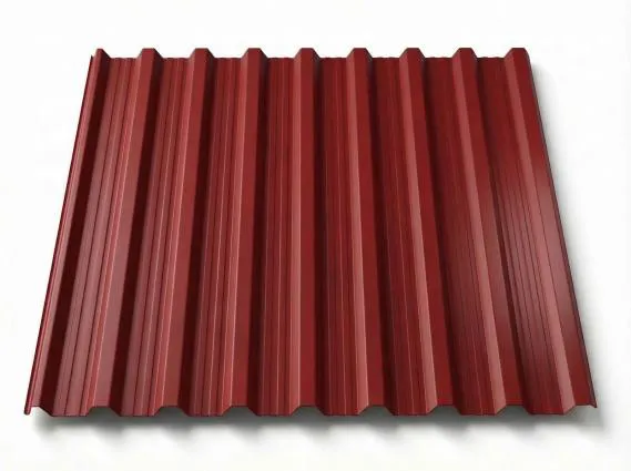 Preview: Freigestelltes Trapezblech T18DR in kräftigem Kirschrot, satte gleichmäßige Beschichtung mit regelmäßigen Trapezrippen, perspektivische Ansicht auf weißem Hintergrund