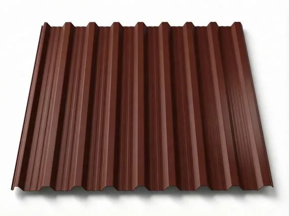 Preview: Freigestelltes Trapezblech T18DR in warmem Rotbraun, matt beschichtete Oberfläche mit ausgeprägten Trapezprofilen und feinen Längsrippen, perspektivische Produktansicht auf weißem Hintergrund