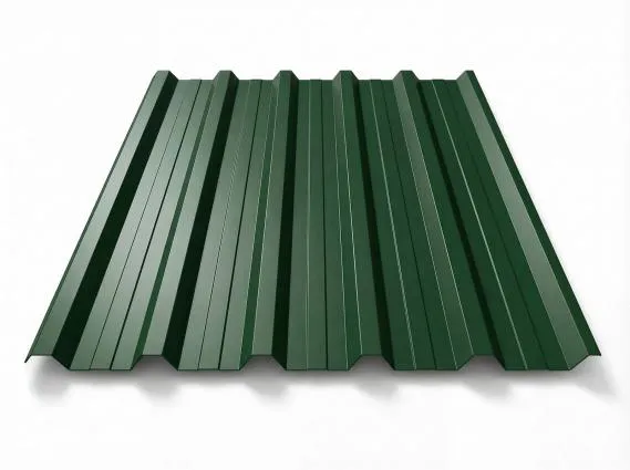 Preview: Freigestelltes Trapezblech T-35DR in RAL 6005 Moosgrün, satte dunkelgrüne Beschichtung, perspektivische Draufsicht auf weißem Hintergrund