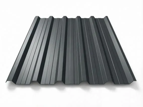 Preview: Freigestelltes Trapezblech T-35DR in RAL 7016 Anthrazitgrau, dunkle anthrazitfarbene Beschichtung, perspektivische Draufsicht auf weißem Hintergrund