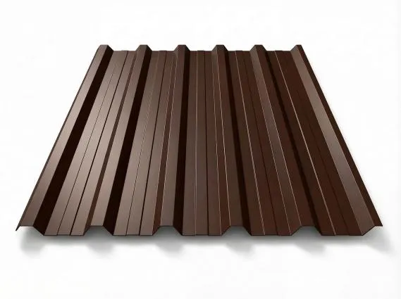 Preview: Freigestelltes Trapezblech T-35DR in RAL 8017 Schokoladenbraun, sattes dunkles Braun, perspektivische Draufsicht auf weißem Hintergrund