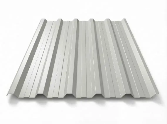 Preview: Freigestelltes Trapezblech T-35DR in RAL 9002 Grauweiß, helle cremeweiße Beschichtung, perspektivische Draufsicht auf weißem Hintergrund