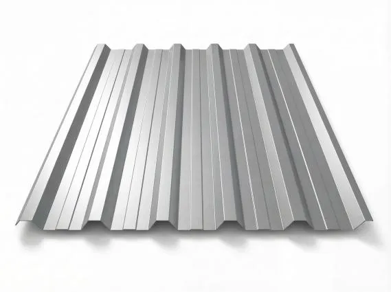 Preview: Freigestelltes Trapezblech T-35DR in RAL 9006 Weißaluminium, helles silbergraues Finish mit metallischem Glanz, perspektivische Draufsicht auf weißem Hintergrund