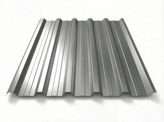 Preview: Freigestelltes Trapezblech T-35DR in RAL 9007 Graualuminium, mittelhelles Aluminiumgrau mit glänzender Oberfläche, perspektivische Draufsicht auf weißem Hintergrund