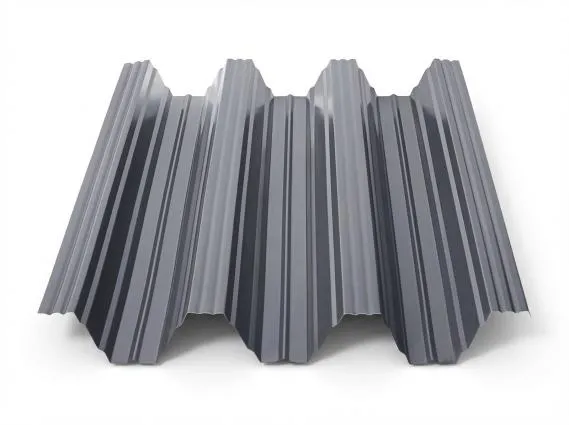 Freigestelltes Produktfoto eines Trapezbleches TP104 in Anthrazitgrau (RAL 7016) mit vier markanten Hochsicken und trapezförmigem Profil auf weißem Hintergrund.