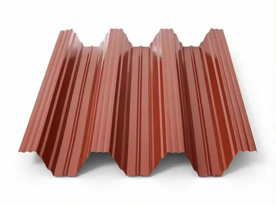 Preview: Freigestelltes Produktfoto eines Trapezbleches TP104 in Ziegelrot (RAL 8004) mit vier Hochsicken und warmer, erdiger Rotfärbung in klassischer Dachziegeloptik auf weißem Hintergrund.