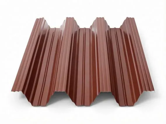 Preview: Freigestelltes Produktfoto eines Trapezbleches TP104 in Rotbraun (RAL 8012) mit vier Hochsicken, sattbrauner Oberfläche mit leicht rötlichem Unterton auf weißem Hintergrund.