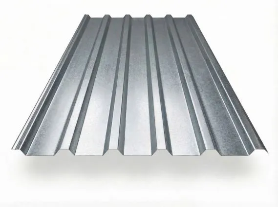 Trapezblech TP35 in Aluzink, freigestelltes Produktfoto mit gleichmäßig profilierten Trapezwellen und typisch metallisch-silberner Oberfläche mit leichter Spiegelungsstruktur, perspektivische Draufsicht auf weißem Hintergrund