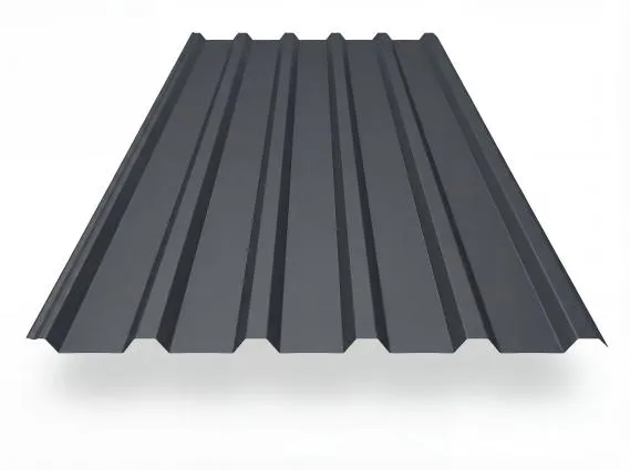 Preview: Trapezblech TP35 in Anthrazit (RAL 7016), freigestelltes Produktfoto mit gleichmäßig profilierten Trapezwellen, perspektivische Draufsicht auf weißem Hintergrund