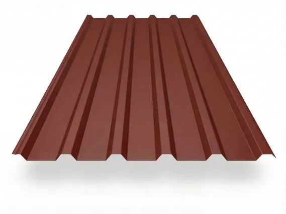Preview: Trapezblech TP35 in Rotbraun (RAL 8012), freigestelltes Produktfoto mit gleichmäßig profilierten Trapezwellen, perspektivische Draufsicht auf weißem Hintergrund