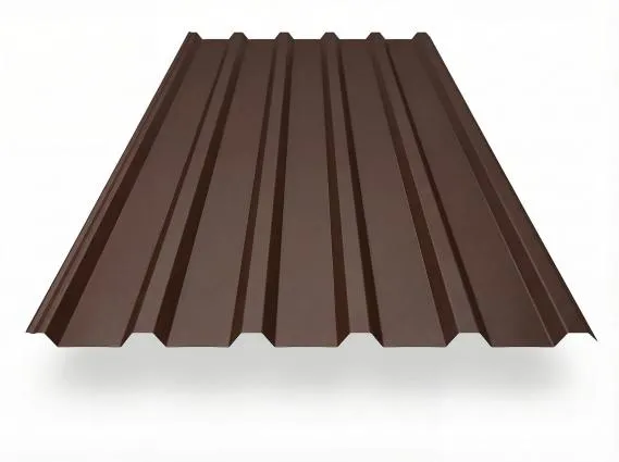 Preview: Trapezblech TP35 in Schokoladenbraun (RAL 8017), freigestelltes Produktfoto mit gleichmäßig profilierten Trapezwellen, perspektivische Draufsicht auf weißem Hintergrund