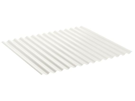 Preview: Schräg links Ansicht eines Wellblechs S18 (76/18) in Grauweiß RAL9002. Ideal für Industrie- und Hallenverkleidungen.