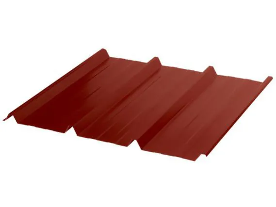 Preview: Detailansicht schräg von rechts auf das Trapezblech TP45 in Rotbraun. Ideal geeignet für langlebige Dachflächen aus Stahl.