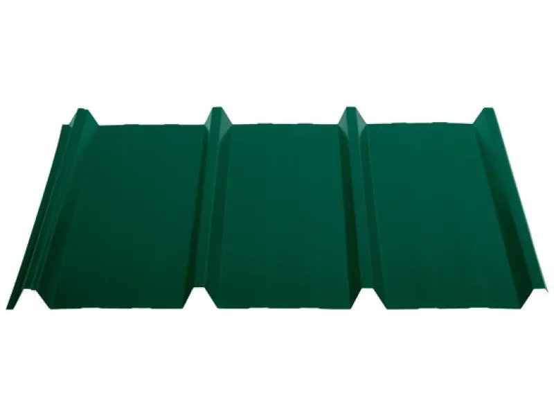 Frontale Schrägansicht eines Trapezblechs im Profil TP45 (45/333) in Moosgrün mit optimaler Profilhöhe von 45 mm.