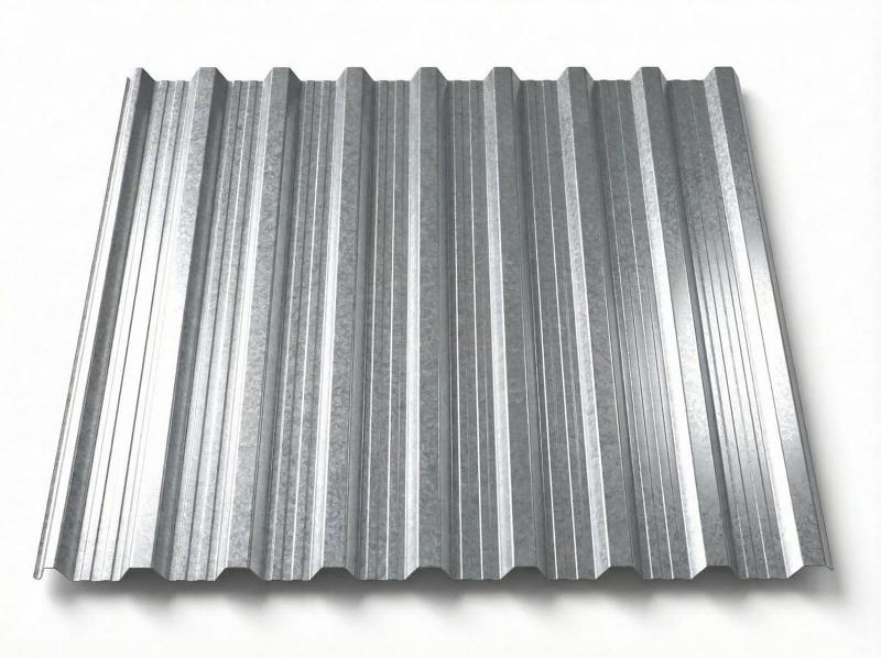 Freigestelltes Trapezblech T18DR in silbrig-metallischem Aluzink-Finish mit charakteristischer Doppelrippen-Profilierung, leichter Zinkblumen-Textur auf der Oberfläche, perspektivische Ansicht auf weißem Hintergrund