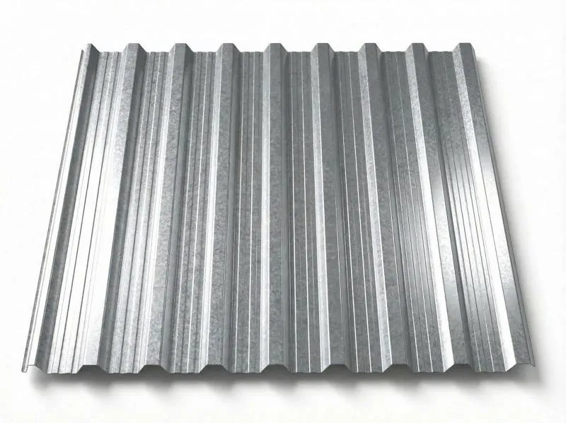 Freigestelltes Trapezblech T18DR in silbrig-metallischem Aluzink-Finish mit charakteristischer Doppelrippen-Profilierung, leichter Zinkblumen-Textur auf der Oberfläche, perspektivische Ansicht auf weißem Hintergrund