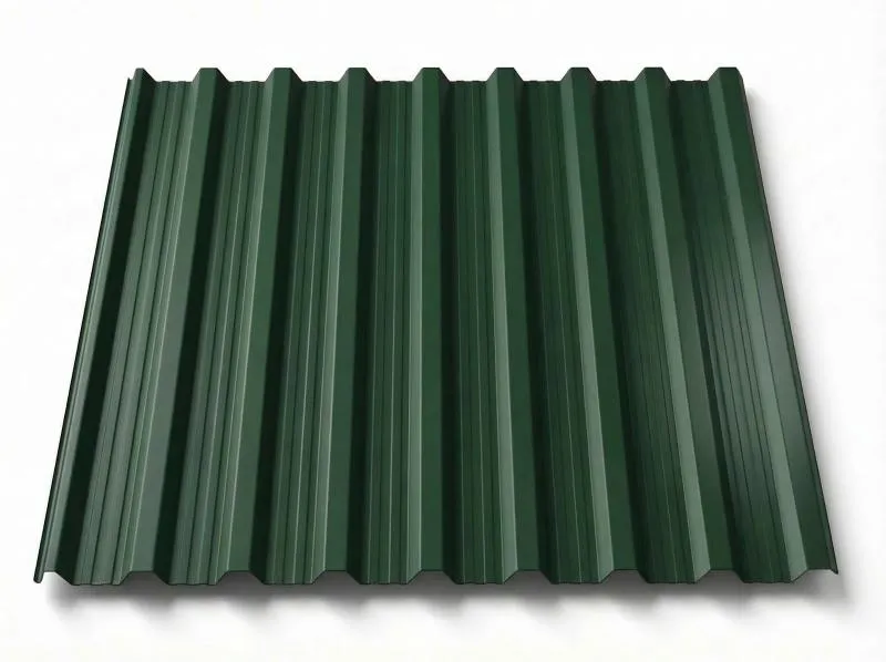 Freigestelltes Trapezblech T18DR in sattem Moosgrün, gleichmäßige matte Beschichtung mit sichtbarer Profiltiefe der Trapezrippen, perspektivische Produktansicht auf weißem Hintergrund