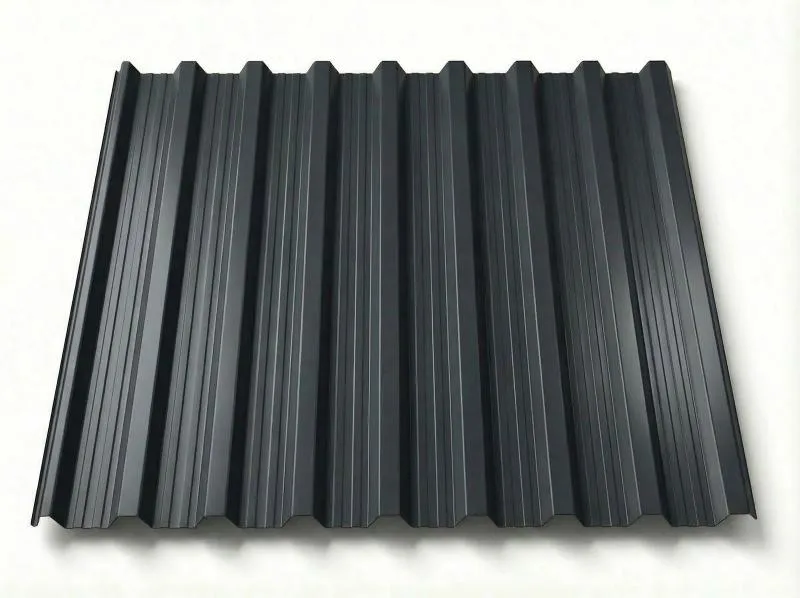 Freigestelltes Trapezblech T18DR in dunklem Anthrazitgrau, glatte matte Oberfläche mit klar ausgeprägten Trapezprofilen und feinen Längsrippen, perspektivische Ansicht auf weißem Hintergrund