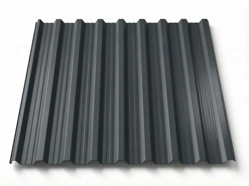 Freigestelltes Trapezblech T18DR in mitteltonigem Graphitgrau, leicht glänzende Oberfläche mit markant ausgeprägten Trapezrippen, perspektivische Produktansicht auf weißem Hintergrund