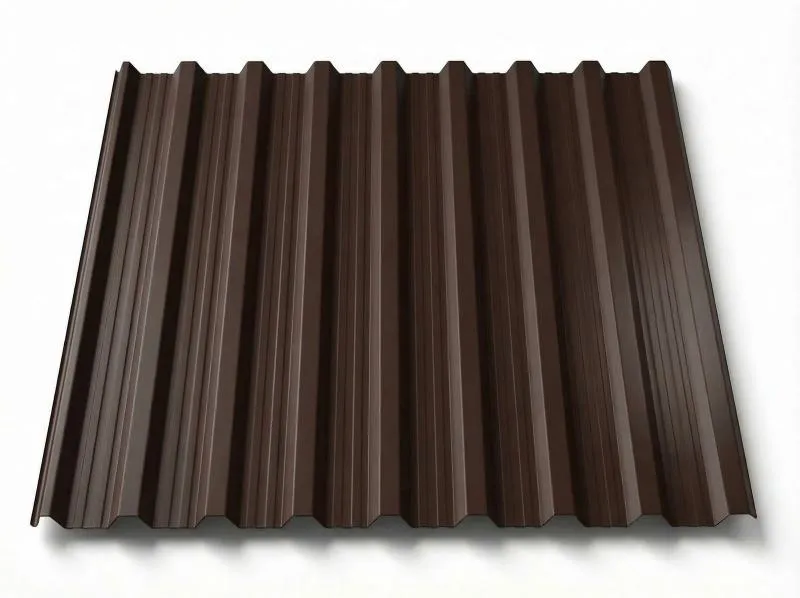 Freigestelltes Trapezblech T18DR in tiefem Schokoladenbraun, satte matte Beschichtung mit deutlich sichtbaren Trapezprofilen, perspektivische Produktansicht auf weißem Hintergrund