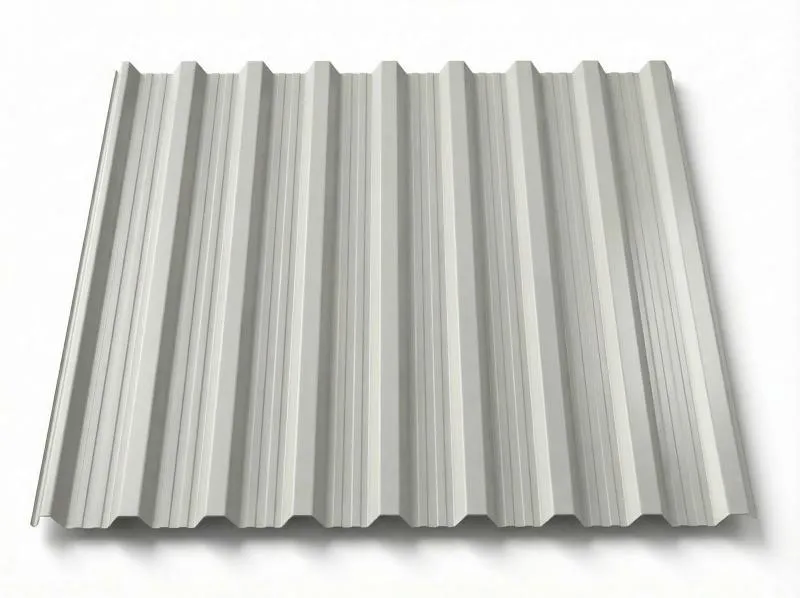Freigestelltes Trapezblech T18DR in hellem Grauweiß, glatte Oberfläche mit klar strukturierten Trapezrippen und feinen Längsfalten, perspektivische Ansicht auf weißem Hintergrund