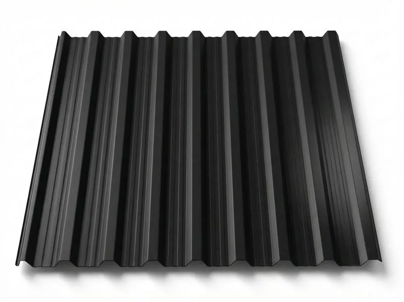 Freigestelltes Trapezblech T18DR in mattem Tiefschwarz, kontrastreiche Profiltiefe durch Licht-Schatten-Spiel auf den Trapezrippen, perspektivische Ansicht auf weißem Hintergrund