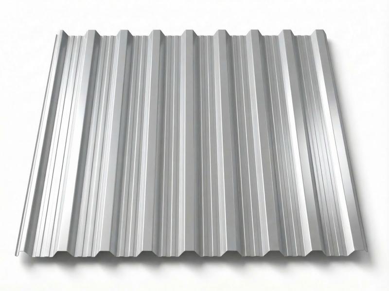 Freigestelltes Trapezblech T18DR in hellem Weißaluminium mit leichtem Silberglanz, glänzende Metallic-Oberfläche mit deutlichen Trapezprofilen und Längsrippen, perspektivische Ansicht auf weißem Hintergrund