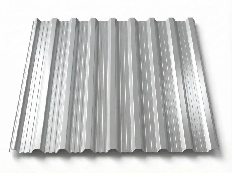 Freigestelltes Trapezblech T18DR in hellem Weißaluminium mit leichtem Silberglanz, glänzende Metallic-Oberfläche mit deutlichen Trapezprofilen und Längsrippen, perspektivische Ansicht auf weißem Hintergrund