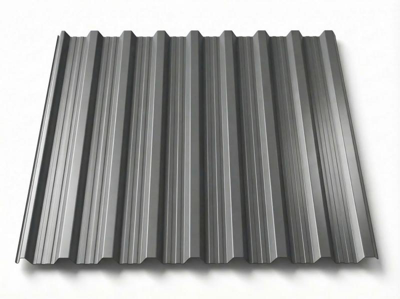 Freigestelltes Trapezblech T18DR in warmem Graualuminium mit dezentem Metallicschimmer, gleichmäßige Beschichtung mit ausgeprägten Trapez- und Längsrippen, perspektivische Ansicht auf weißem Hintergrund