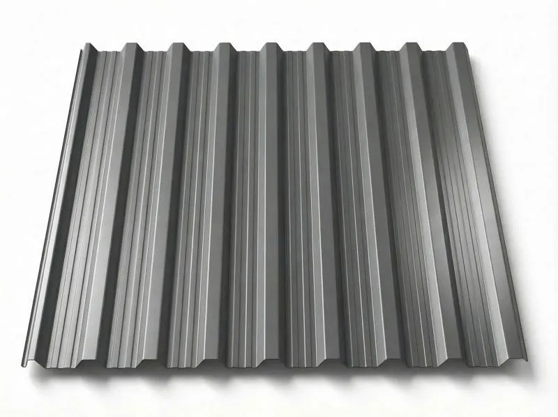 Freigestelltes Trapezblech T18DR in warmem Graualuminium mit dezentem Metallicschimmer, gleichmäßige Beschichtung mit ausgeprägten Trapez- und Längsrippen, perspektivische Ansicht auf weißem Hintergrund