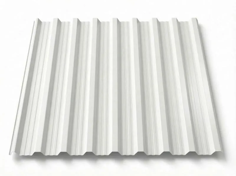 Freigestelltes Trapezblech T18DR in strahlendem Reinweiß, glatte Oberfläche mit klar strukturierten breiten Trapezprofilen, perspektivische Produktansicht auf weißem Hintergrund