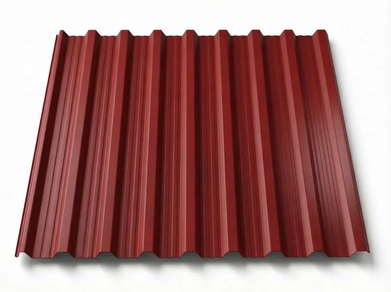  Freigestelltes Trapezblech T18DR in kräftigem Kirschrot, satte gleichmäßige Beschichtung mit regelmäßigen Trapezrippen, perspektivische Ansicht auf weißem Hintergrund